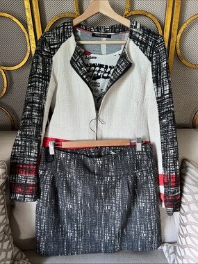 3 piece-  Black, White & Red Tweed Jacket and Skirt Set